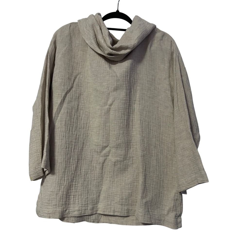 Linen Cotton Blend Cowl Neck Crinkle Gauze Tunic Top Oatmeal Beige Small